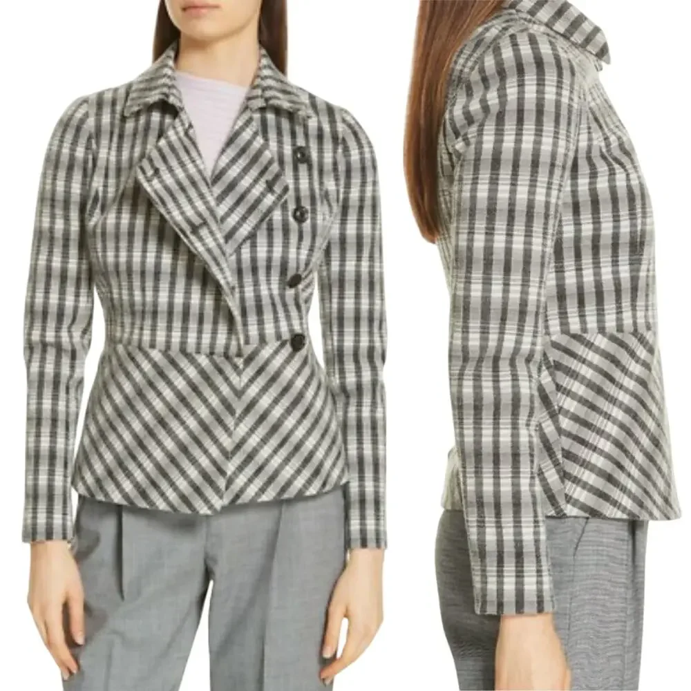 Lewit Chandler Plaid Peplum Jacket Blazer Wool Blend Black Beige Womens Medium
